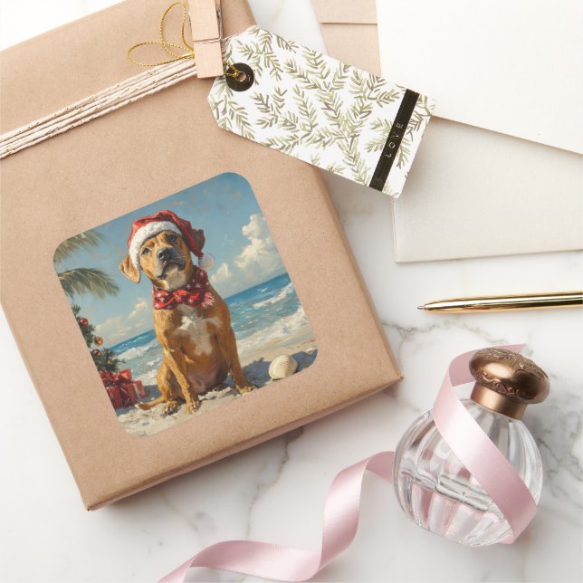 Pegatina Cuadrada Perro Rhodesian Ridgeback Navidad Vintage Playa (Regalar)