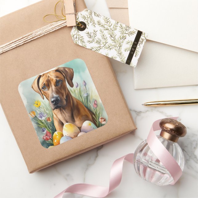 Pegatina Cuadrada Perro Ridgeback de Rodesia con Fiesta de Huevos de (Regalar)