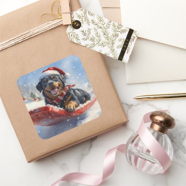 Pegatina Cuadrada Perro Rottweiler con mangas y Navidades que nieva (Regalar)