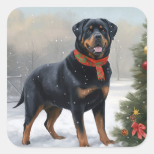 Pegatina Cuadrada Perro Rottweiler en Navidades de Nieve