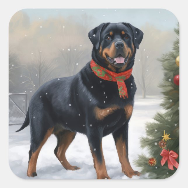 Pegatina Cuadrada Perro Rottweiler en Navidades de Nieve (Anverso)