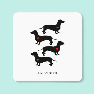 Pegatina Cuadrada Perro Salchicha Dachshund Corazón Monograma Nombre