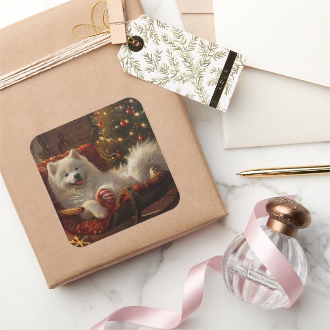 Pegatina Cuadrada Perro Samoyedo Festivo de Navidad (Regalar)