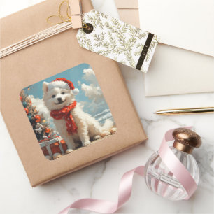 Pegatina Cuadrada Perro Samoyedo Navidad Vintage Playa