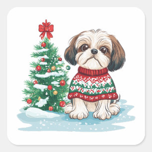 Pegatina Cuadrada Perro Santa Shih Tzu Navidad