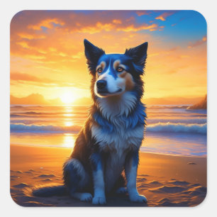 Pegatina Cuadrada Perro sentado en Ocean Beach en Sunset