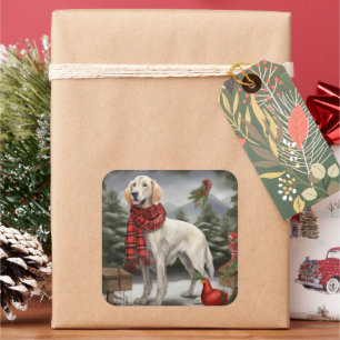 Pegatina Cuadrada Perro Setter Inglés en Navidad con Nieve