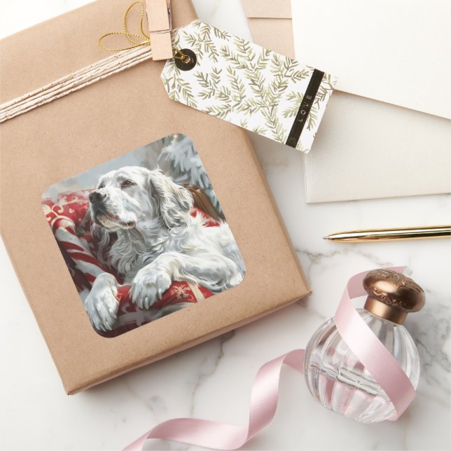 Pegatina Cuadrada Perro Setter Inglés Festividad de Navidad (Regalar)