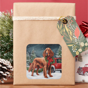 Pegatina Cuadrada Perro Setter Rojo Irlandés en Navidad con Nieve