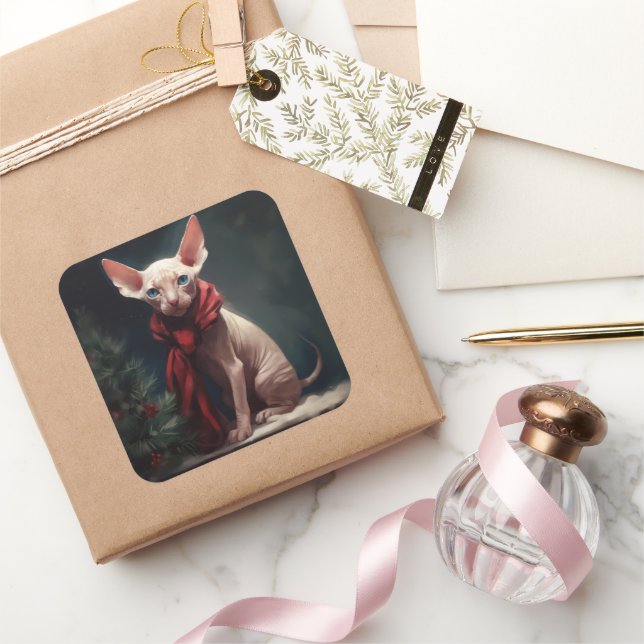 Pegatina Cuadrada Perro Sfinx en Navidades de nieve (Regalar)