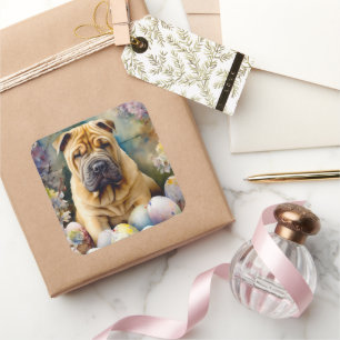 Pegatina Cuadrada Perro Shar Pei con festividad de huevos de Pascua