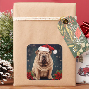Pegatina Cuadrada Perro Shar Pei en Navidades de nieve