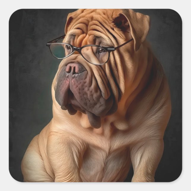 Pegatina Cuadrada Perro Shar Pei Inteligente con Diseño de Libro (Anverso)