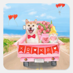 Pegatina Cuadrada Perro Shiba Inu Camión de corazones del día de San