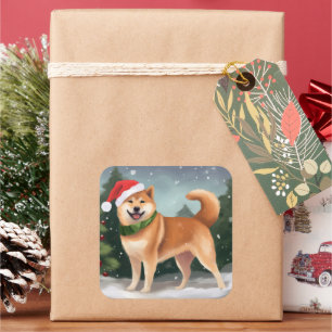 Pegatina Cuadrada Perro Shiba Inu en Navidad con nieve