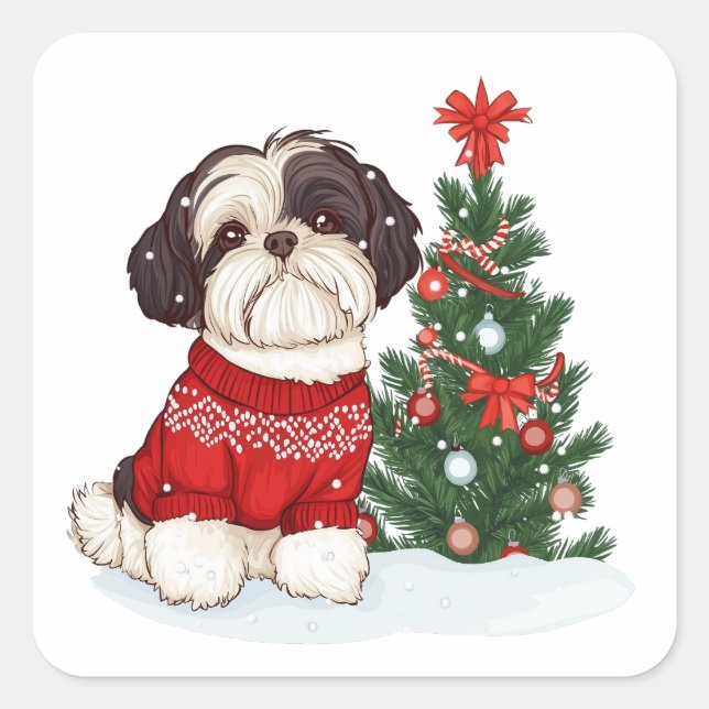 Pegatina Cuadrada Perro Shih Tzu de Navidad (Anverso)