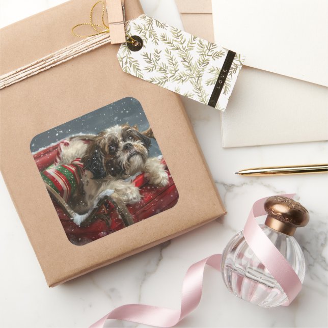 Pegatina Cuadrada Perro Shih Tzu Navidad Festiva (Regalar)