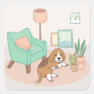 Pegatina Cuadrada Perro, silla, plantas y más arte de Ilustracion