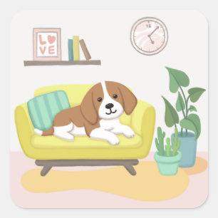 Pegatina Cuadrada Perro, silla y plantas Ilustracion arte