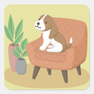 Pegatina Cuadrada Perro, silla y plantas Ilustracion arte
