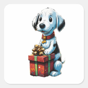 Pegatina Cuadrada Perro sonriente sosteniendo regalos de caja