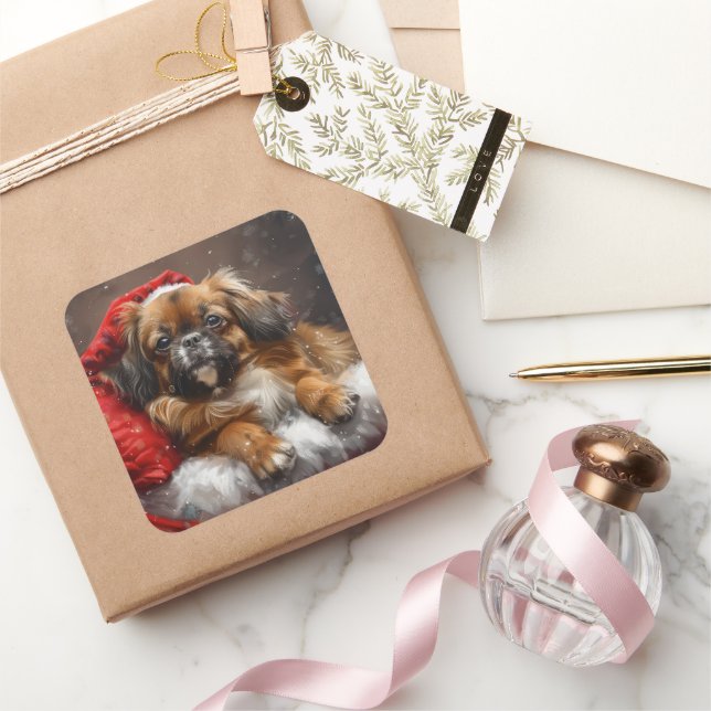 Pegatina Cuadrada Perro Spaniel Tibetano Navidad Festiva (Regalar)