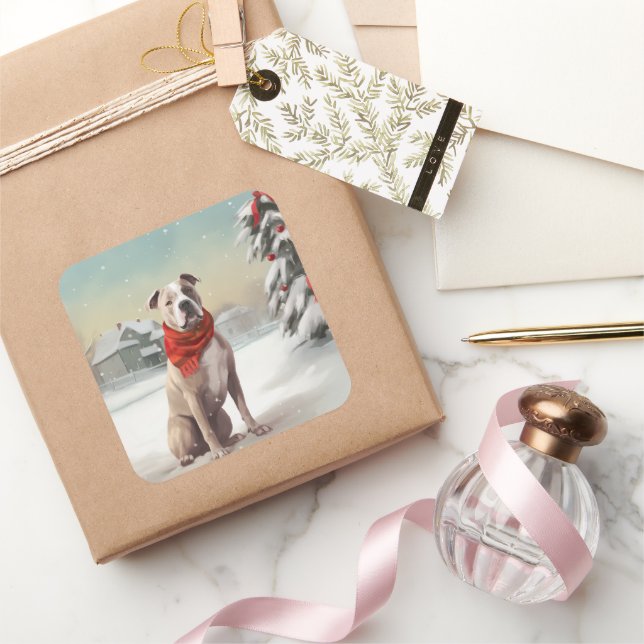 Pegatina Cuadrada Perro Staffordshire en Estados Unidos en Navidades (Regalar)