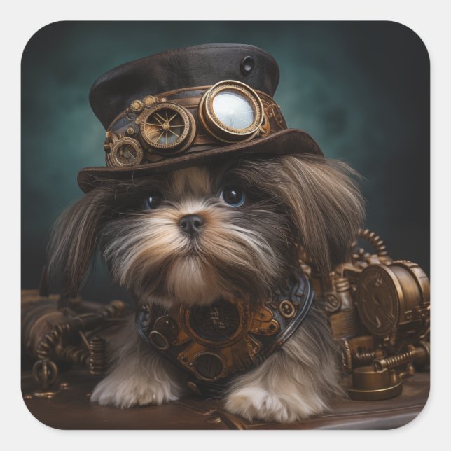 Pegatina Cuadrada Perro Steampunk (Anverso)