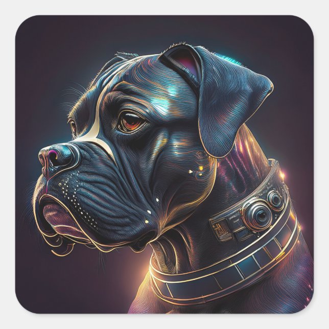 Pegatina Cuadrada Perro Steampunk Boxer (Anverso)