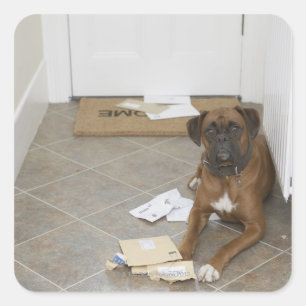 Pegatina Cuadrada Perro tenecido por doormat y masticado por correo