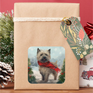 Pegatina Cuadrada Perro Terrier Cairn en Navidad con nieve
