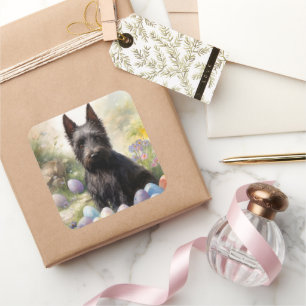 Pegatina Cuadrada Perro Terrier Escocés con Huevos de Pascua Fiesta