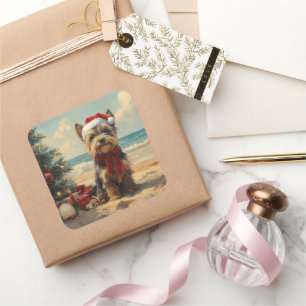 Pegatina Cuadrada Perro Terrier Escocés Navidad Vintage Playa