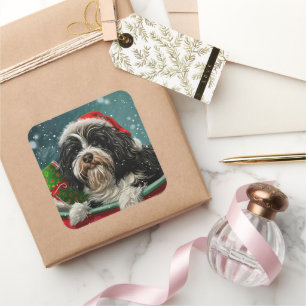 Pegatina Cuadrada Perro Terrier Tibetano Navidad Festiva