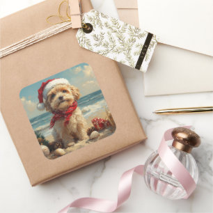 Pegatina Cuadrada Perro Terrier Tibetano Navidad Vintage Playa