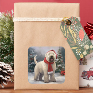 Pegatina Cuadrada Perro Terrier Trigo en Navidad Nieve