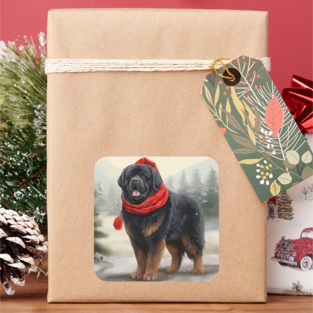 Pegatina Cuadrada Perro tibetano castiff en Navidades de nieve (Vacaciones)