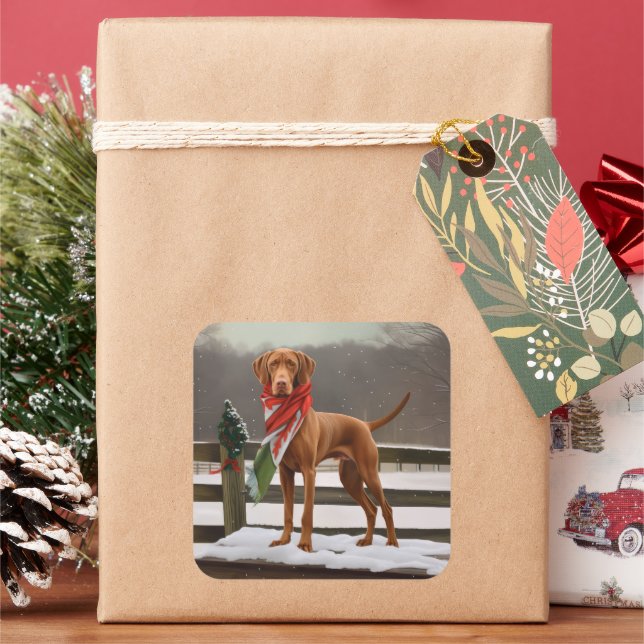 Pegatina Cuadrada Perro Vizsla en Navidades de nieve (Vacaciones)
