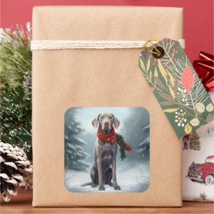 Pegatina Cuadrada Perro Weimaraner en Navidades de nieve