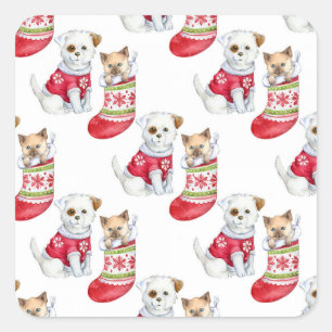 Pegatina Cuadrada Perro y gato de Navidad