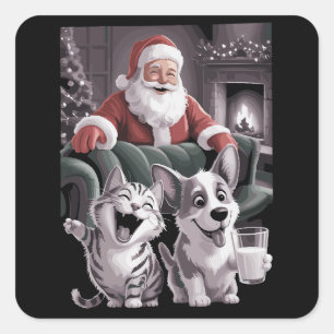 Pegatina Cuadrada Perro y gato divertidos selfie con Santa Navidad