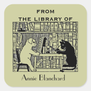Pegatina Cuadrada Perro y gato en la biblioteca