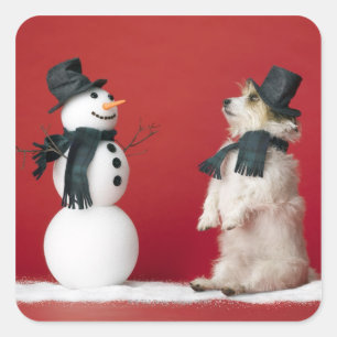 Pegatina Cuadrada Perro y Snowman