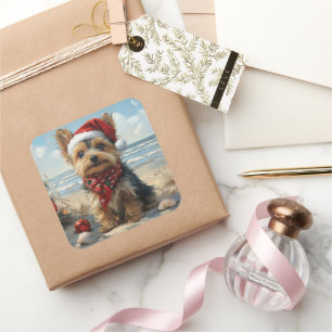 Pegatina Cuadrada Perro Yorkshire Terrier Navidad Vintage Playa