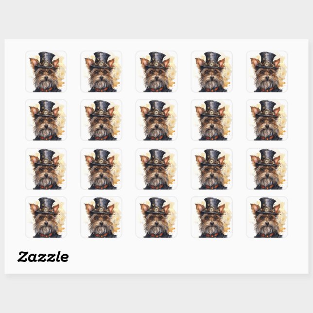 Pegatina Cuadrada Perro Yorkshire Terrier Steampunk (Hoja)