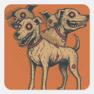 Pegatina Cuadrada Perro Zombie Hidra Multicefálico Cadáver Pup Horro