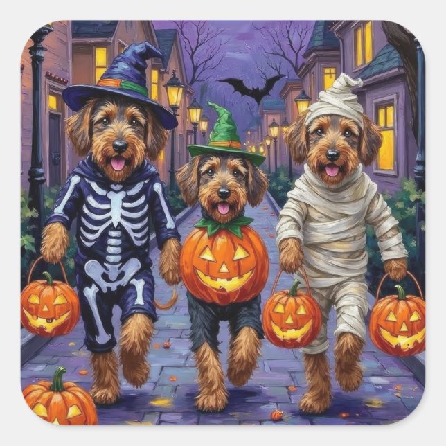 Pegatina Cuadrada Perros Airedale Terrier Trick-or-Treating Hallowee (Anverso)