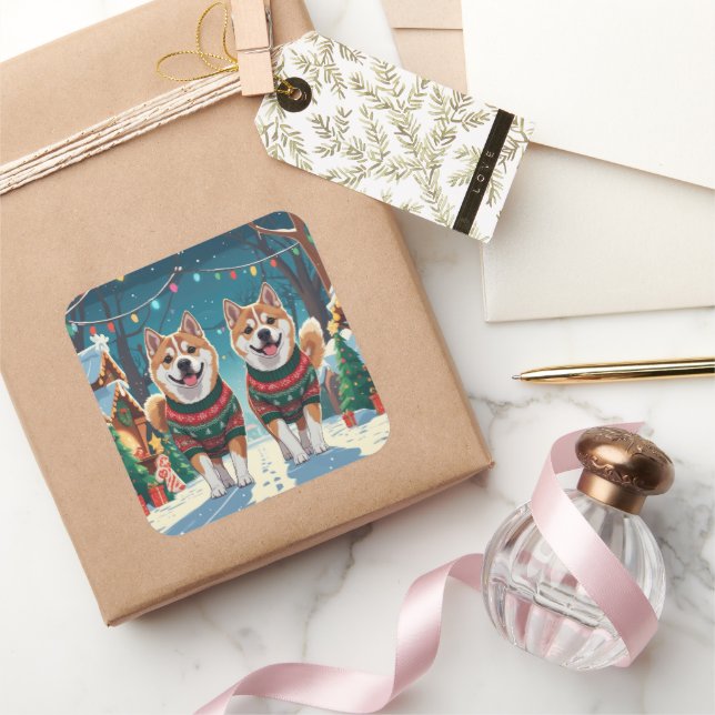 Pegatina Cuadrada Perros Akita Navidad Nieve Fiesta (Regalar)
