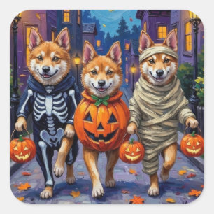 Pegatina Cuadrada Perros Akita pidiendo dulces con disfraces de Hall