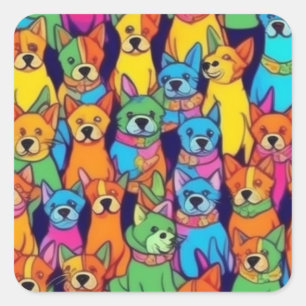 Pegatina Cuadrada Perros alegres y coloridos, perros felices